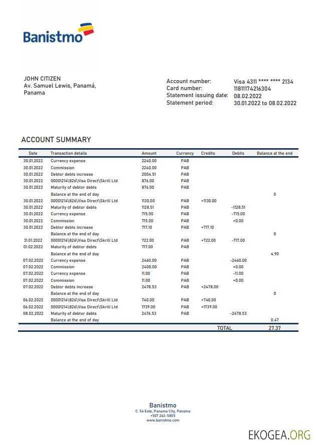 Relevé bancaire Panama Banistmo